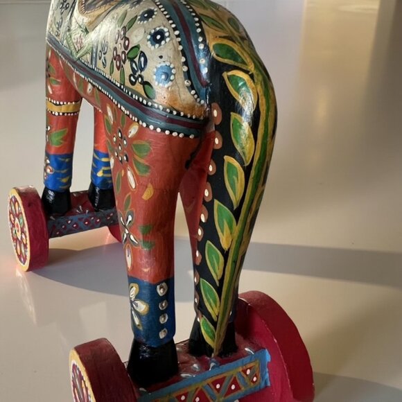 Vintage Large Folk Art Hand-Carved and Hand Painted Wooden Horse on Wheels 13.5H - Picture 3 of 15